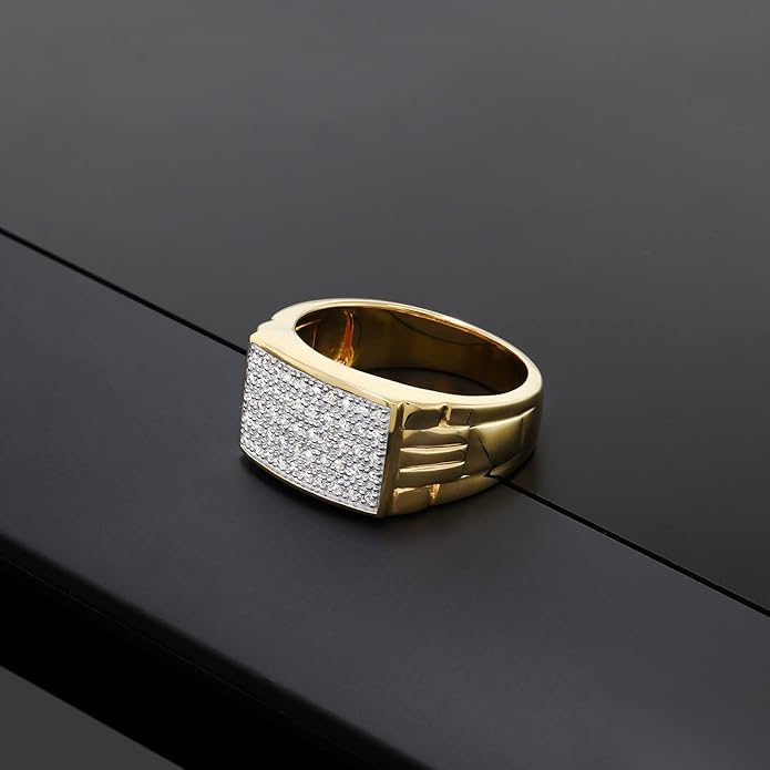 Gem Stone King White Diamond Ring For Men | 10K Yellow Gold | Gold Men's Pave Ring | 0.25 Cttw | Available In Size 7, 8, 9, 10, 11, 12, 13