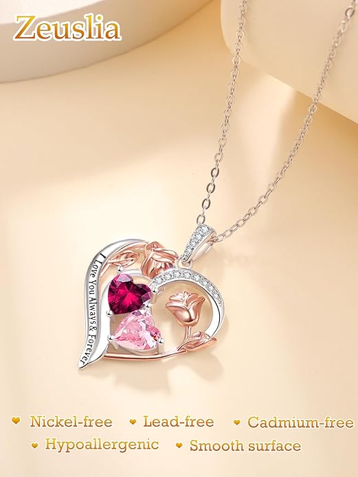 Zeuslia Double Birthstone Necklace Gifts for Wife - 925 Sterling Silver Sunflower/Rose/Crown Cross/Compass/Heart Pendant I Love You Necklace, Anniversary Birthday Gifts for Wife Girlfriend Mom Her