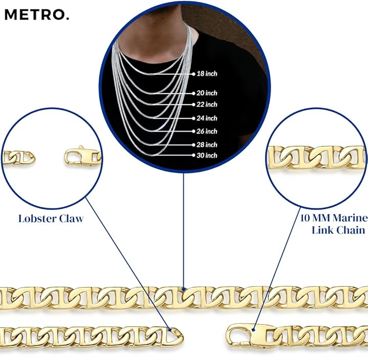 Metro Jewelry Stainless Steel Mariner Link Necklace for Men with Yellow Gold or Black Ion Plating 20 to 30 Inch Chain with Lobster Claw 10MM