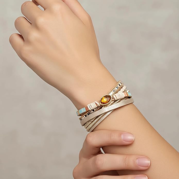 Edoneery Leather Wrap Bracelet for Women, Boho Handmade Multi-Layer Cuff with Crystal Beads Heart, Stackable Bangle Western Jewelry Gift