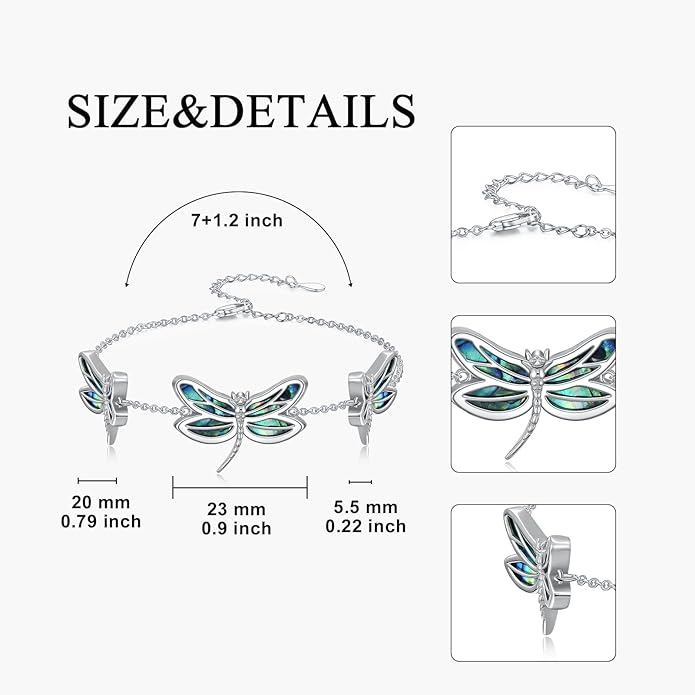 Dragonfly Abalone Bracelet 925 Sterling Silver, Adjustable Bohemian Bracelets, Genuine Abalone Shell Jewelry Birthday Gift for Her