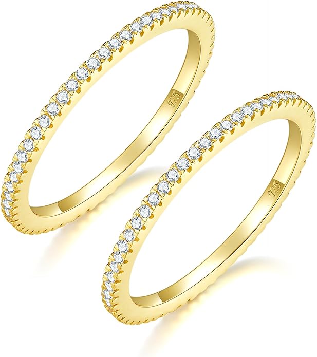 MINDDHA 14K Gold Plated- Cubic Zirconia Simulated Diamond Stackable Eternity Bands/Silver, Gold Rings for Women- 1.5mm, 2mm Stacking Rings for Oura Gen 4/Oura Gen 3, Size 4-12