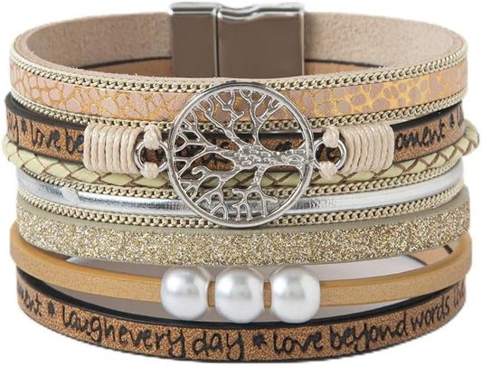 Rantanto Braid Leather Wrap Bracelet Trendy Stackable Crystal Cuff Boho Gold Heart Bracelet Jewelry Gift For Women