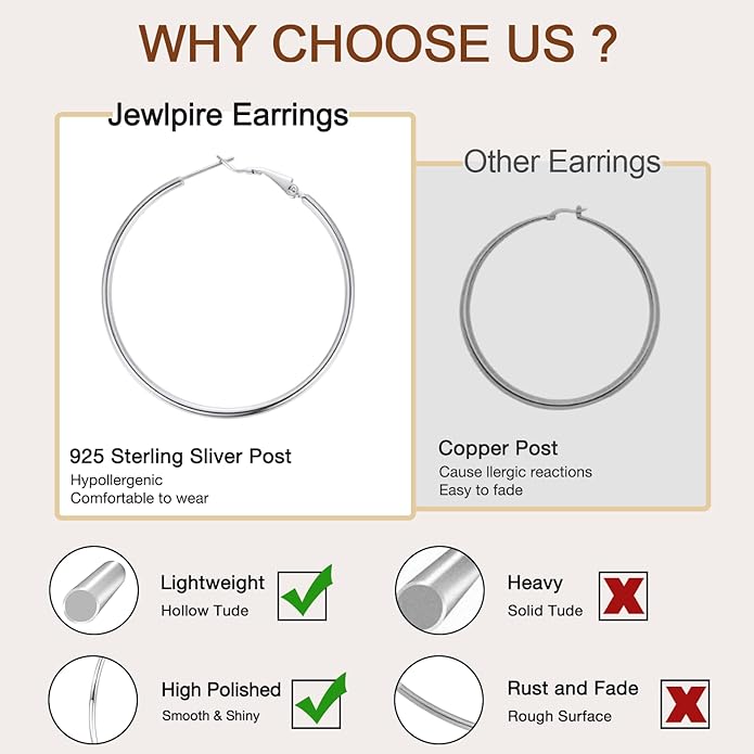 Jewlpire 14K Gold Plated 925 Sterling Sliver Post Hoop Earrings, 2MM Thick Hoop earrings Lightweight Large Hoop Earrings for Women Trendy 20/30/40/50/60/70mm