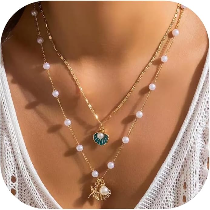 Gold Starfish Necklace for Women Beach Jewelry Accessories Sea Shell Beach Necklace Layered Starfish Pendant Beachy Ocean Necklaces Boho Cowrie Seashell Summer Necklaces Jewelry Gifts Trendy Stuff
