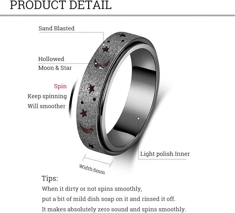 AmorArtSky Anxiety Ring for Women Men, Titanium Stainless Steel Spinner Ring, 5 Colors, 6MM, Size 6-10, 3 Styles Anxiety Ring-Moon Star, Sandblasted Finished, Hollow Outer