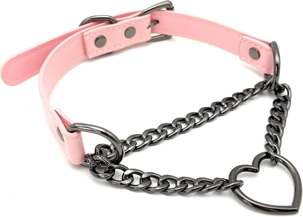 Black Leather Choker Collar For Women, Handmade Heart Slip Chain Choker Long Necklace with Adjustable Buckle