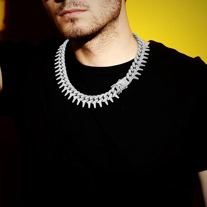 HH BLING EMPIRE Mens Gold Silver Plated Spike Cuban Link Chain Necklace and Bracelet Sets, Chunky Iced Out Diamond Miami Cuban Link Chains Hip Hop Jewelry