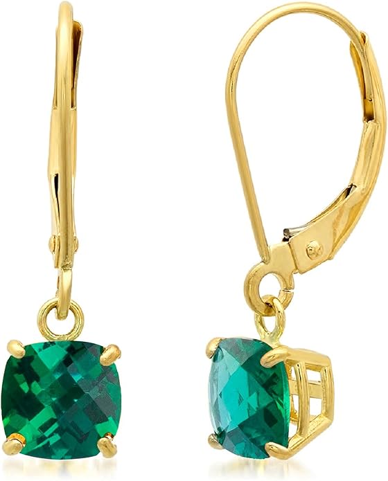 Solid 10K Gold Cushion Cut Dangle Gemstone Earrings for Women | 6mm Gemstone Birthstone Earrings | Checkerboard 10 Karat Gold Dangle Drop Leverback Earring for Women by MAX + STONE