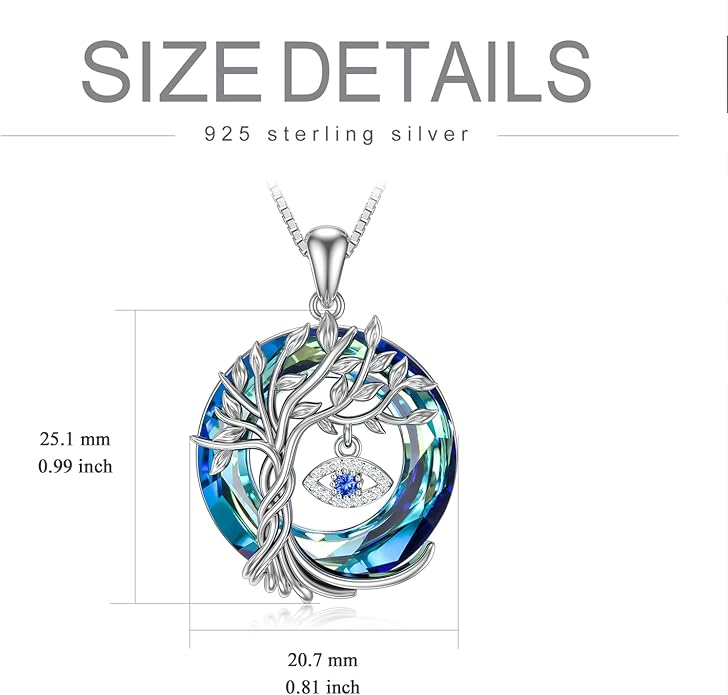TOUPOP Evil Eye Necklace 925 Sterling Silver Tree of Life Circle Crystal Pendant Necklace Protection Jewelry Amulet Christmas Gifts for Women Her