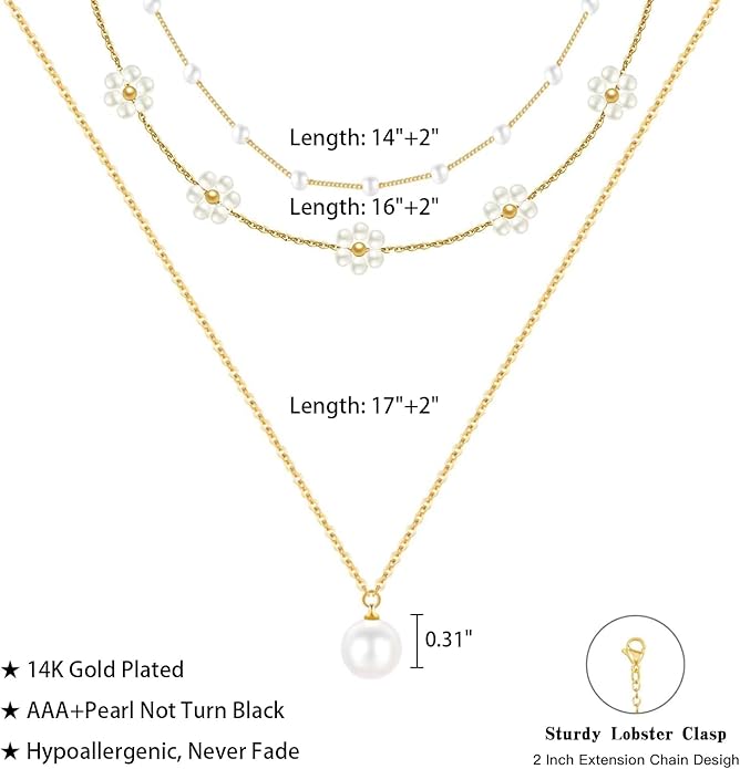 YOUNGGRACE 14K Gold Plated Pearl Flower Necklace Set for Women, Elegant Daisy & Layered Choker - Trendy gold necklaces for women, pearl accessories, layered gold necklace, dainty jewelry Gift for Her