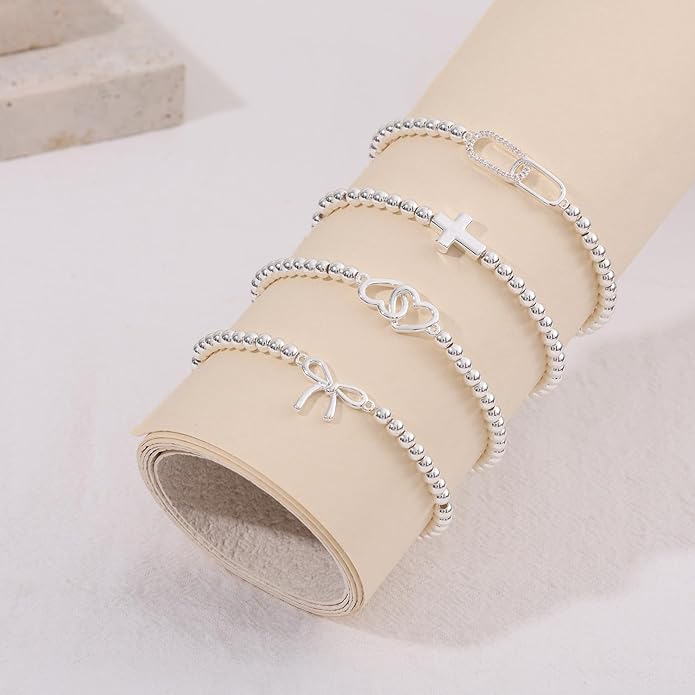 Beaded Bracelet for Women Trendy Stretch Handmade Ball Charm Bracelet Dainty Cross Heart Bow Wave CZ Stackable Jewelry Charm Gifts for Her