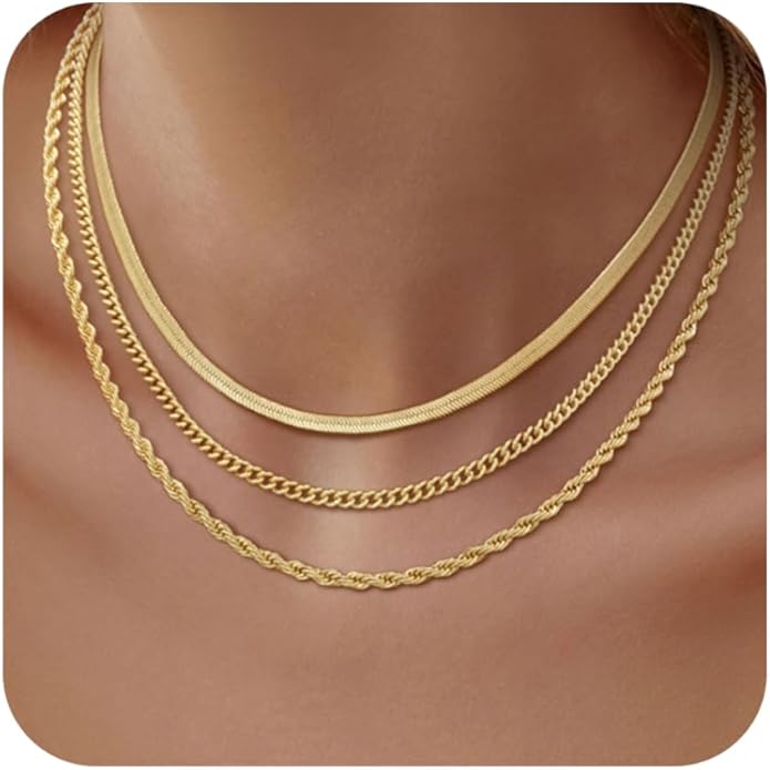 Gold/Silver Necklaces Stack For Women, 14K Gold/Sterling Silver Plated Layered Choker Necklace Set, Stackable Multilayer Simple Cuban Snake Paperclip Chain Set Jewelry Gift for Women