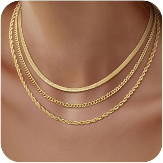 Gold/Silver Necklaces Stack For Women, 14K Gold/Sterling Silver Plated Layered Choker Necklace Set, Stackable Multilayer Simple Cuban Snake Paperclip Chain Set Jewelry Gift for Women