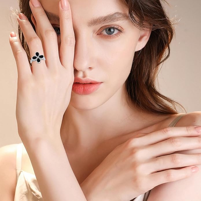 925 Sterling Silver Vintage Oxidized Style Black Onyx Adjustable Ring Casual Jewelry Gifts for Women