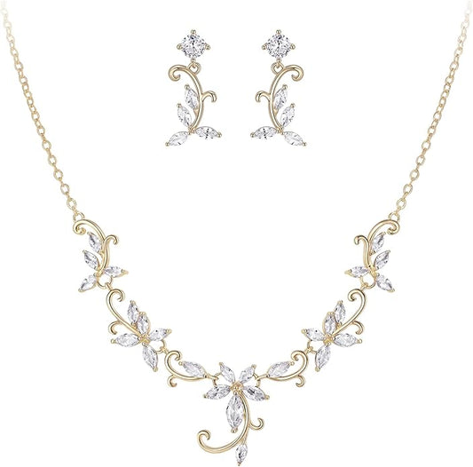 Crysdue Flower Leaf Wedding Jewelry Set for Bridal Bridemaid, Cubic Zirconia Teardrop Elegant Silver/14K/Rose Gold Plated Vine Necklace Dangle Earrings for Prom Party
