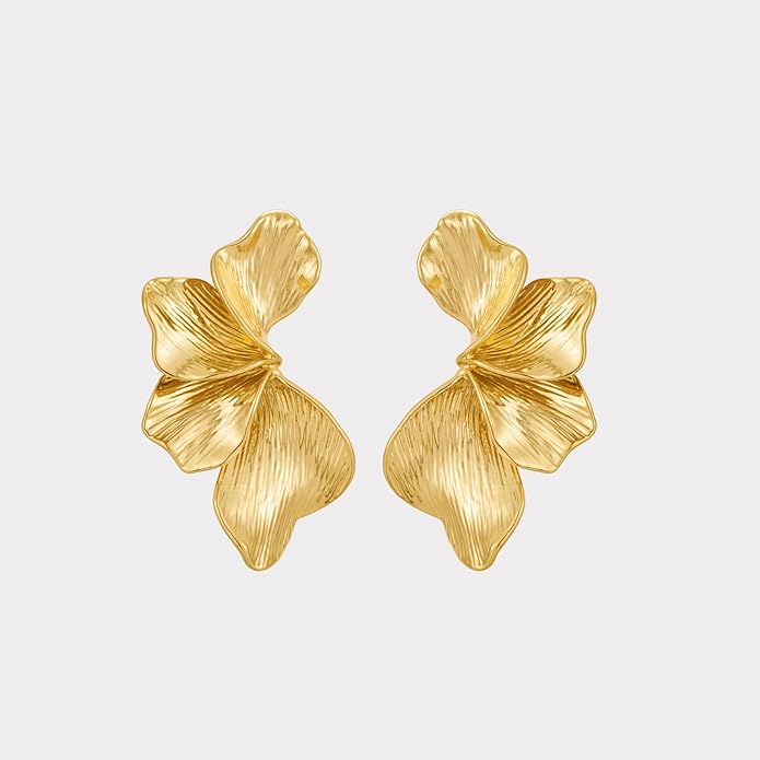 Chunky Gold Statement Earrings For Women Gold Plated Sectored Flower Leaf Shell Angel Wing Earrings Large Stud Earrings Hypoallergenic Earrings