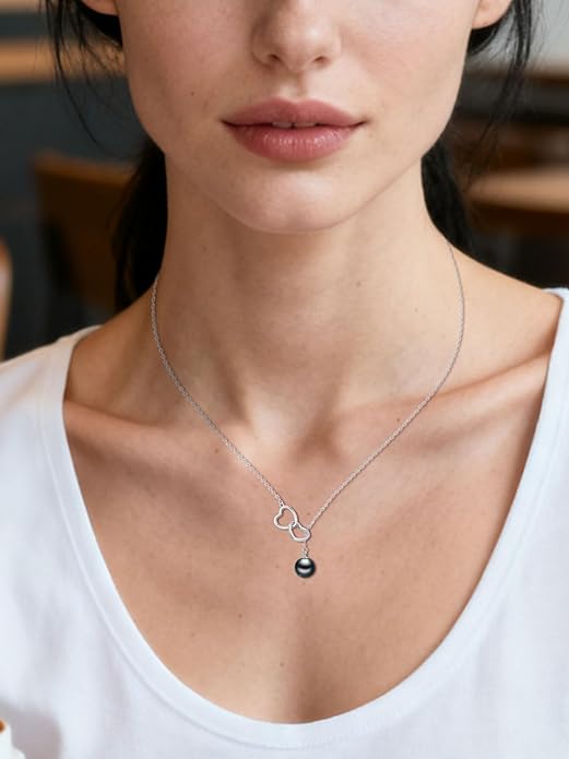 Tahitian Black Pearl AAAA 18K White Gold Plated Sterling Silver Double Heart Pendant Y Necklace for Women Wife Mom Girlfriend Valentine Her Jewelry Gift for Anniversary Birthday