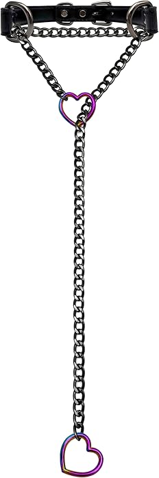 Black Leather Choker Collar For Women, Handmade Heart Slip Chain Choker Long Necklace with Adjustable Buckle
