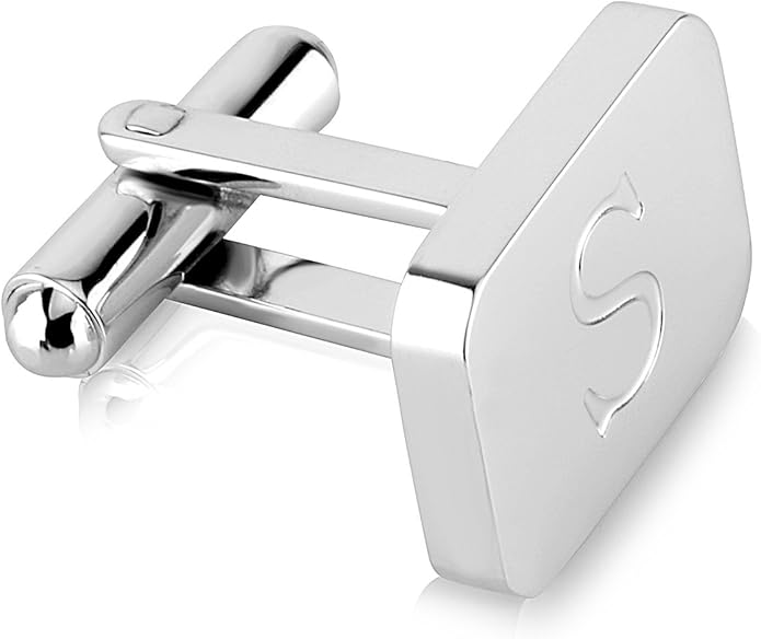 18K White-Gold Plated Initial Engraved Stainless Steel Men’s Cufflinks With Gift Box -Personalized Alphabet Letter’s A-Z By Lux & Pair