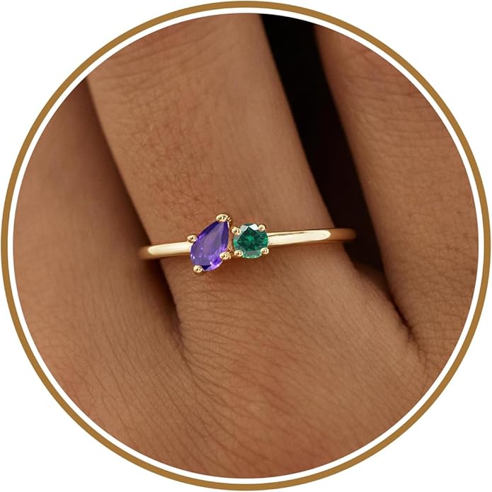 JSJOY Birthstone Rings for Women Dainty Emerald Blue Ring Birthday Gifts for Mom Her Gemstones CZ Ring for Teens Gold Rings That Don't Tarnish Adjustable Ring Jewelry Gifts