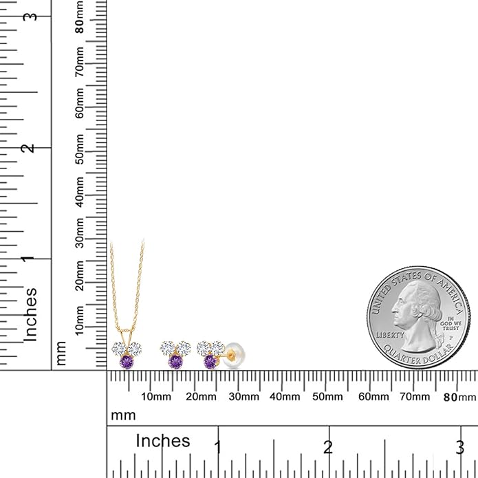 Gem Stone King 14K Yellow Gold White Lab Grown Diamond and Purple Amethyst 3 Stone Pendant and Earrings Jewelry Set For Women (0.90 Cttw, Round 3MM, with 18 Inch Chain)