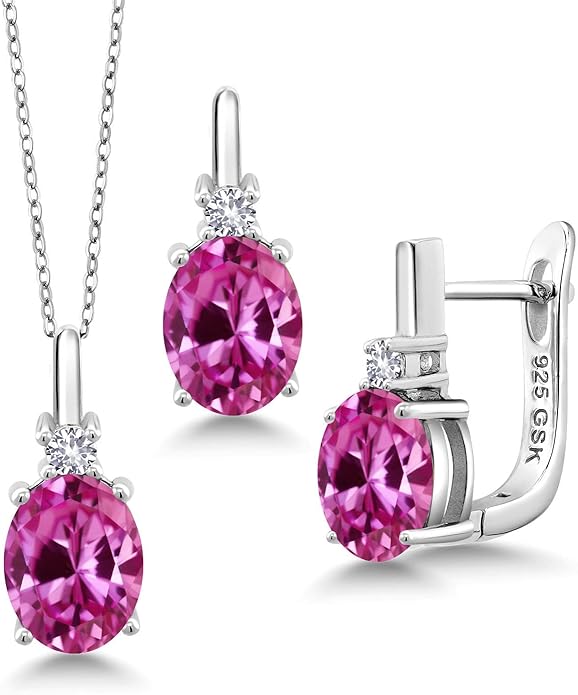Gemstone Birthstone and White Created Sapphire Pendant and Earrings Jewelry Set for Women in 925 Sterling Silver | Oval 8X6MM and Round 2.5MM | With 18 Inch Chain | Fine Jewelry for Her Mom Women Wife