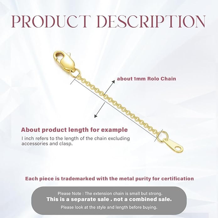 14k Gold Necklace & Bracelet Extender Chain, 1"/1.5"/2"/3"/4"/5" Durable Removable Gold Extension Chain
