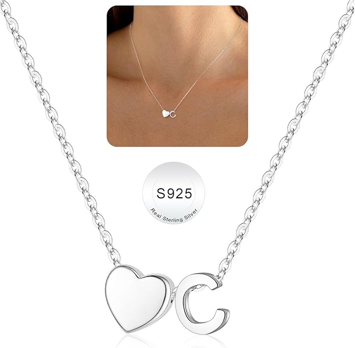 Turandoss Christmas Gifts for Grandkids, Dainty S925 Sterling Silver Heart Initial A-Z Necklace Trendy Silver Initial Jewelry Birthday Gifts for Girls Teen Girls