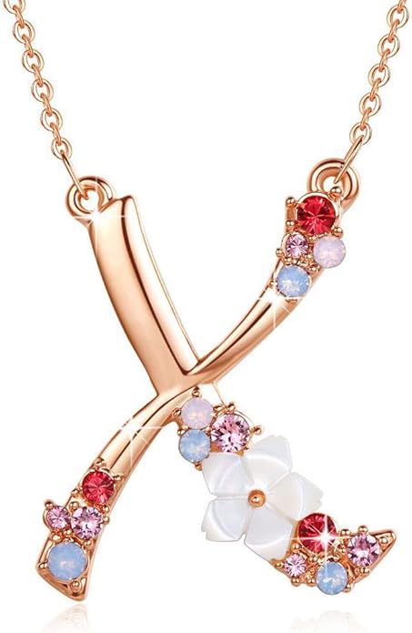 Flower Initial Letter Necklace Pink Red Blue Simulated Pearl Pendant Name Jewelry Made with Austrian Crystals Rose Gold Plated Anniversary Birthday Gifts for Women,18"+2"