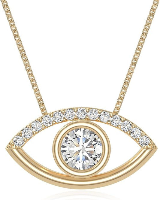 Natural Gemstone with Moissanite Evil Eye Pendant Necklaces for Women in Silver/18K Yellow/Rose Gold Vermeil,Birthstone Jewelry Gifts for Her Birthday,Anniversary, Graduation
