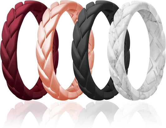 Egnaro Women's Silicone Stackable Rings 3.5mm Wide 2mm Thick, Rubber Flexible Hypoallergenic Wedding Bands For Workout Leaf Braided Fashion