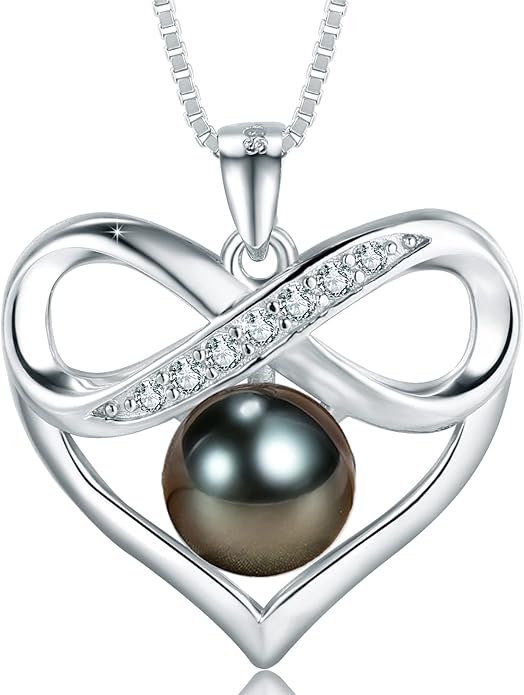 Black and White Pearl Heart Pendant Necklace - Gift for Women Wife Wedding Birthday Anniversary - Mom Girlfriend Her on Mothers Day Valentines Day Christmas - 18K Gold Plated Sterling Silver