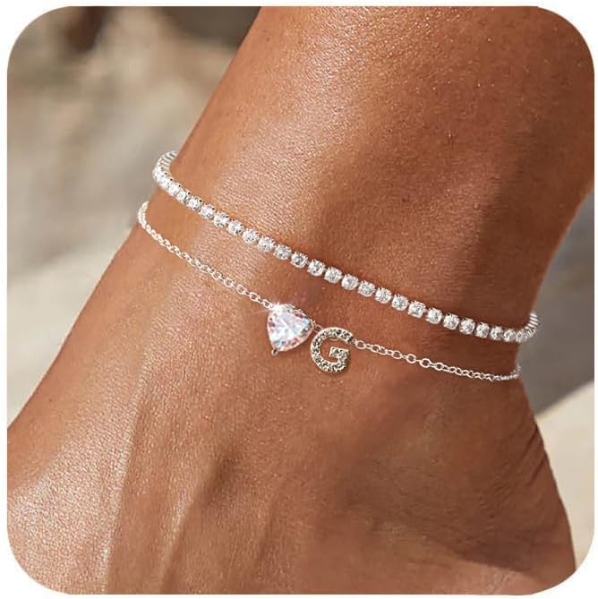 Heart Initial Silver Anklets for Women Waterproof Dainty Silver Plated ankle bracelets for women Large Ankle Women's Anklets Tennis ankle bracelets Non Tarnish Summer Beach Foot Jewelry