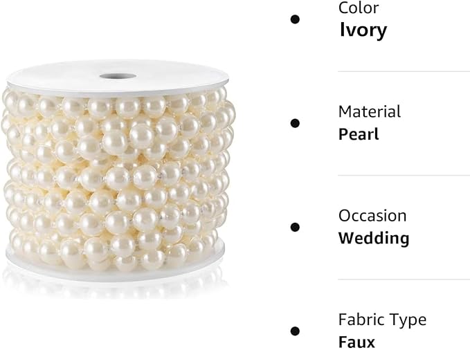 Half-Round Flat Pearl Bead Garland String 10MM 11 Yards, Pearl Beaded Spool Roll Crafts for Wedding Party Decoration (Ivory)