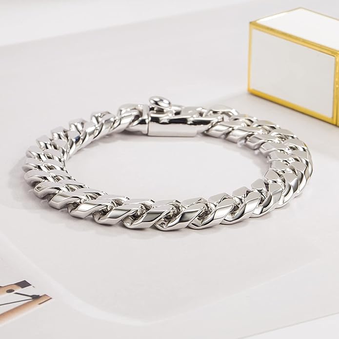 Fashion 925 Sterling Silver Solid Miami Cuban Link Chain Bracelet 8MM-12MM-14MM Curb Cuban Solid Thick Big Link Bracelet For Men 7-10 Inch Jewelry Gift
