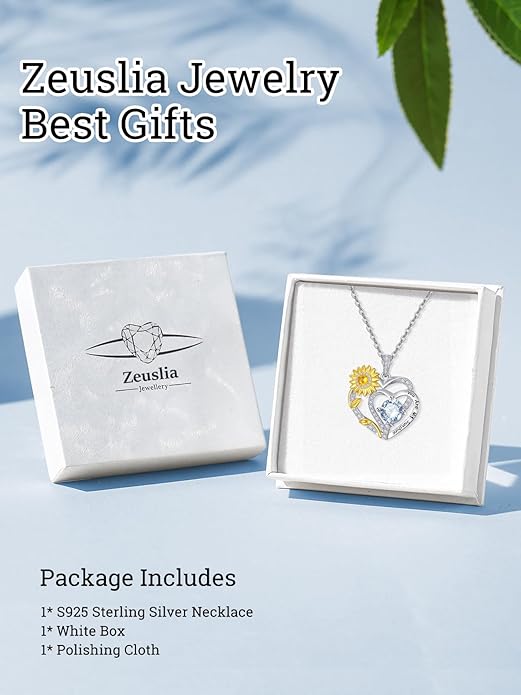 Zeuslia Double Birthstone Necklace Gifts for Wife - 925 Sterling Silver Sunflower/Rose/Crown Cross/Compass/Heart Pendant I Love You Necklace, Anniversary Birthday Gifts for Wife Girlfriend Mom Her