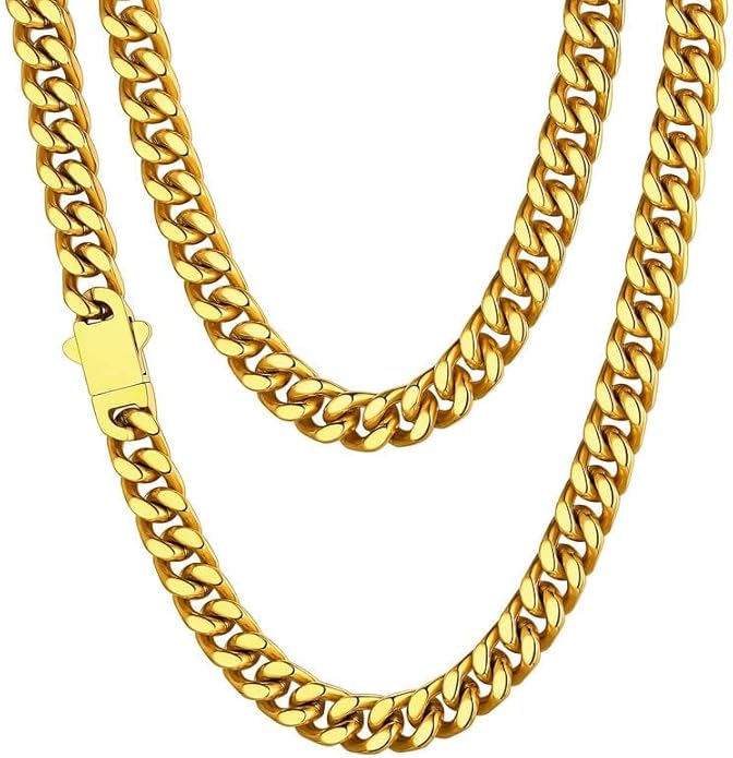 ChainsHouse Stainless Steel Mens Cuban Link Chain, Black/ 18K Gold Plated Miami Cuban Chain Necklace, 5mm/7mm/9mm/12mm/14mm Width, No Tarnish& Durable Hip Hop Mens Jewelry, 18"-30", Send Gift Box