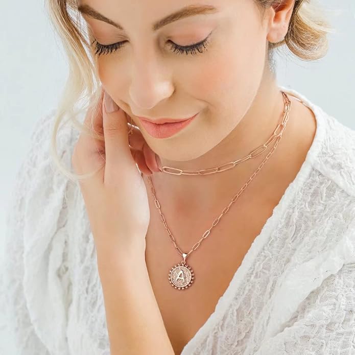 Ursteel Layered Initial Necklaces for Women, 14K-Gold-Plated Dainty Layering Paperclip Chain Necklaces for Women Jewelry