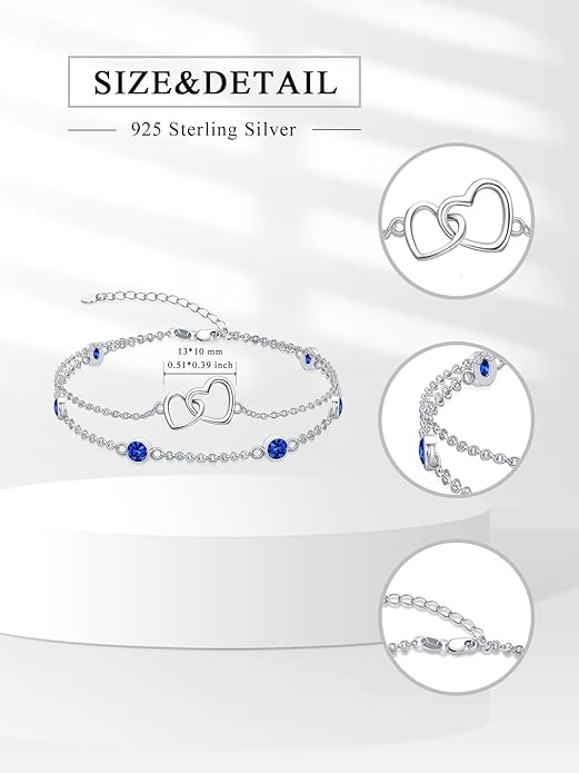 Dorunmo Heart Birthstone Bracelet Anklet for Women 925 Sterling Silver Birthday Jewelry Gifts for Women Wife
