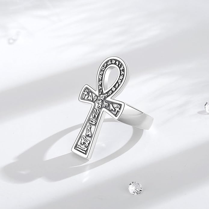 EUDORA S925 Sterling Silver St Benedict Ring San Benito Rings for Women Men, Vintage Ankh Cross Ring Saint Benedict Amulet Adjustable Rings Gifts for Women Mens Father Mother