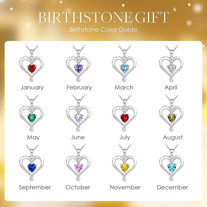 Birthstone Necklace for Women, 18K White Gold Heart Necklace Filled 925 Sterling Silver, Diamond Womens Jewelry Christmas Gifts for Women Wife