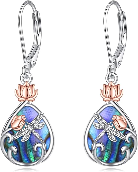 AOBOCO Butterfly/Dragonfly/Bee/Ladybug Leverback Earrings 925 Sterling Silver Rose Lotus Tulip Flower Filigree Dangle Earrings Teardrop Moonstone Larimar Turquoise Abalone Shell Jewelry Birthday Gifts for Women