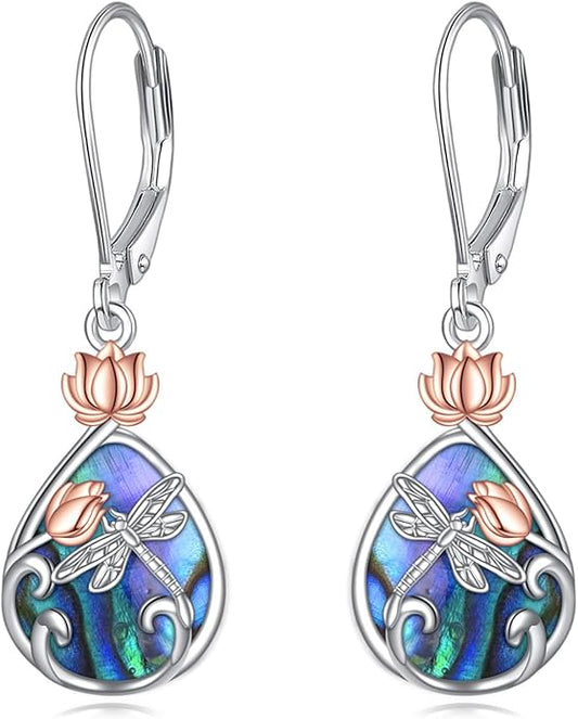 AOBOCO Butterfly/Dragonfly/Bee/Ladybug Leverback Earrings 925 Sterling Silver Rose Lotus Tulip Flower Filigree Dangle Earrings Teardrop Moonstone Larimar Turquoise Abalone Shell Jewelry Birthday Gifts for Women