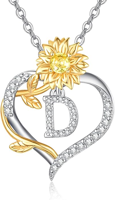 AENEAS Sunflower Initial Necklace for Women Gold Plated Sterling Silver Letter Heart Pendant Jewelry Gift for Mom Wife Birthday Anniversary Christmas
