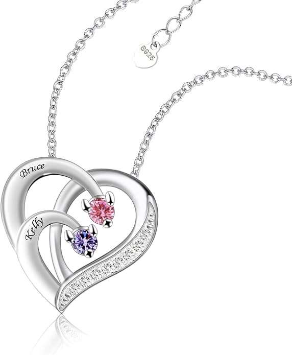 JOBFLY S925 Sterling Silver Customized 2 Birthstone Heart Necklace with 2 Name Engraved Personalized Mother Daughter Necklace Couple Jewelry Christmas Birthday Gift