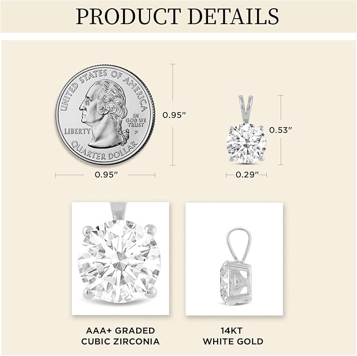 Everyday Elegance Solid 14K Gold Cubic Zirconia Solitaire Pendant Necklace for Women Heart, Princess, Round, Oval, Emerald, Pear & Cushion Cut 1 or 2 CTW | .60mm Thick 16" 18" Length Box Link Chain
