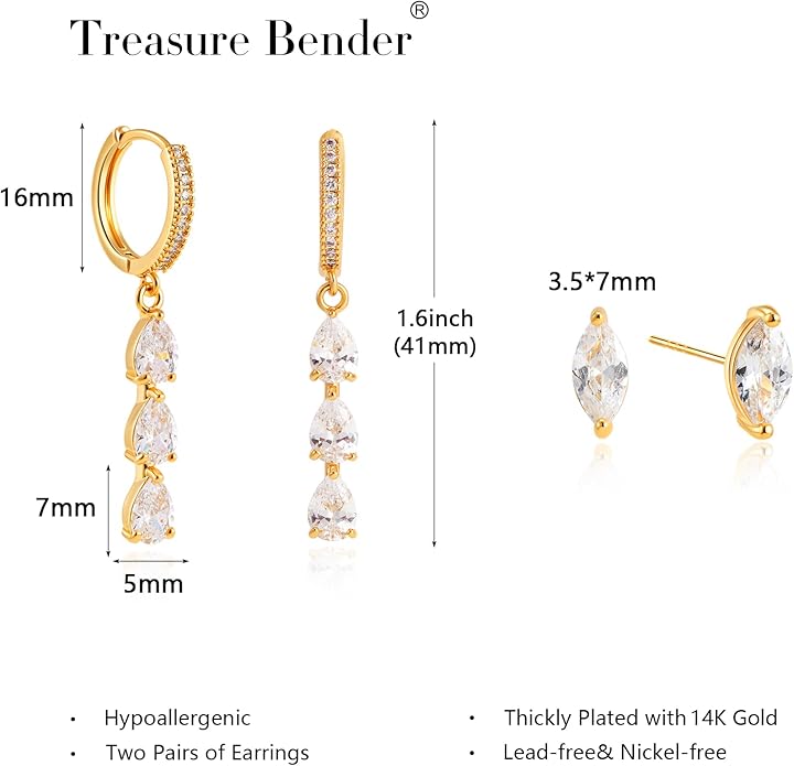 2 Pairs Gold Huggie Hoop Earrings for Women 14k Gold Plated Diamond Stud Earrings Set Drop Dangle Hypoallergenic Cubic Zirconia Flat Back Earring Gold Jewelry for Women Gift