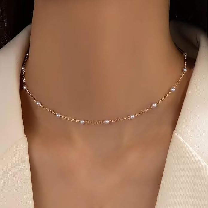 Gold Pearl Necklace for Women, 14K Gold Plated Layered Pearl Necklaces for Women Trendy Simple Herringbone Chain Pearl Necklace for Women Gold Jewelry Gifts