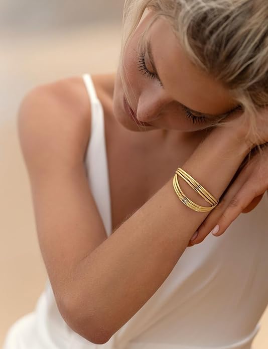 Gold Cuff Bracelet for Women Chunky Multi-layer Cross Wire Open Bracelet Hollow Wide Cuff Bracelets Adjustable Gold Open Cuff Bangle Bracelet